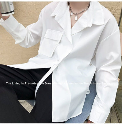 Bonsir Korean Style Men's Solid Color Long Sleeve Ribbon Shirts White/black Irregular Shirts Camisa Masculina Streetwear Clothes