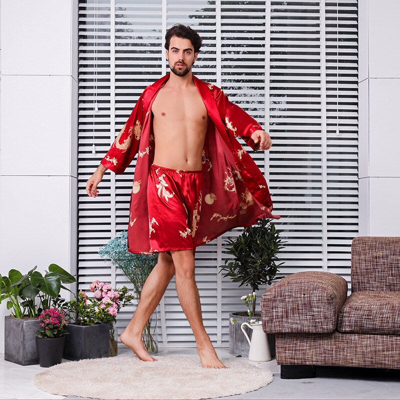 sanyamk Two-Piece Home Silk Robe Pants Pajama Set or Bathrobe Shorts Sets 7XL-M Long Sleeve Sleepwear for Men Kimono Soft Cozy Bath Gown