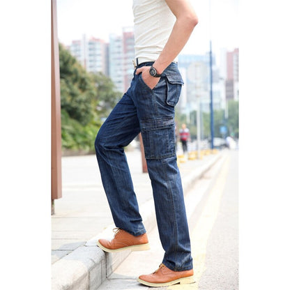 Bonsir Spring Autumn Men Cargo Jeans Smart Casual High Street Clothes Thin Zipper Straight Loose Multi-Pocket Full Length Denim Trouser