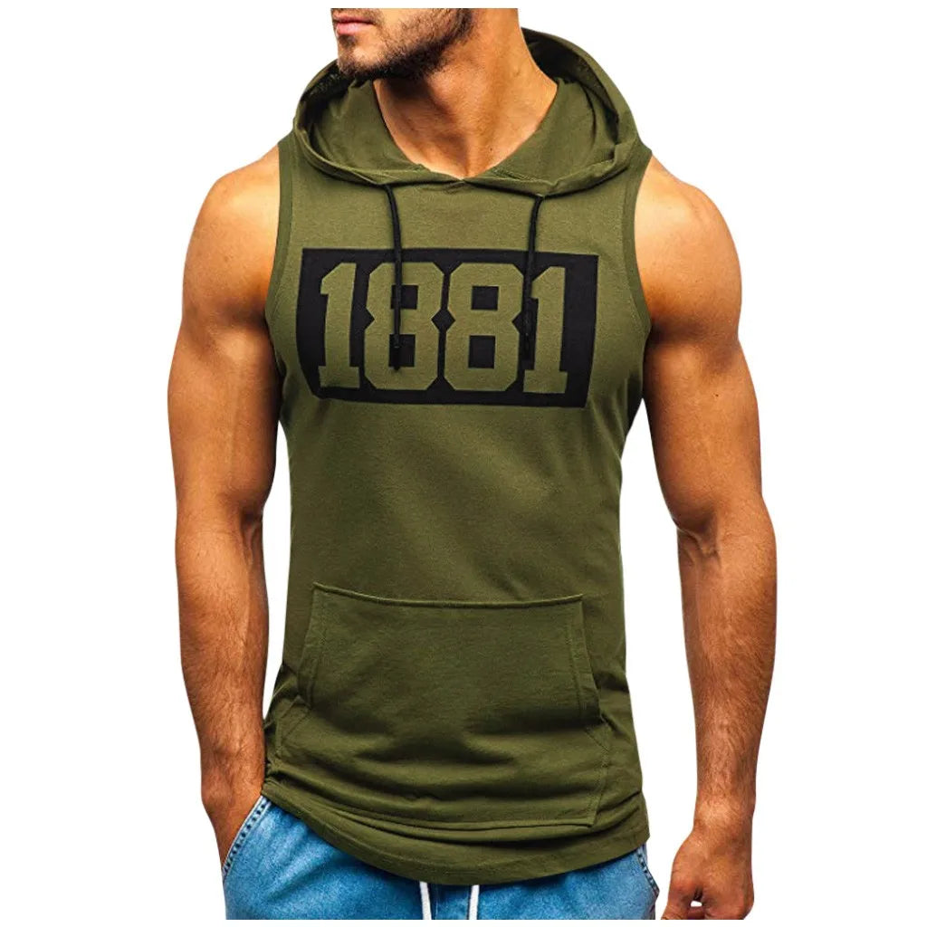 sanyamk Sports Tank Tops Men Fitness Muscle Print Sleeveless Hooded Bodybuilding Pocket Tight-drying Tops Summer Shirt For Men Clothing