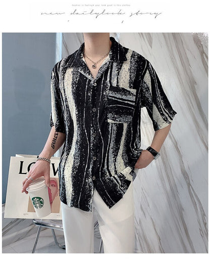 Bonsir Summer Pleated Shirts Men Slim Fashion Retro Pocket Casual Shirts Men Streetwear Korean Tie-dye Shirts Mens Dress Shirts M-2XL