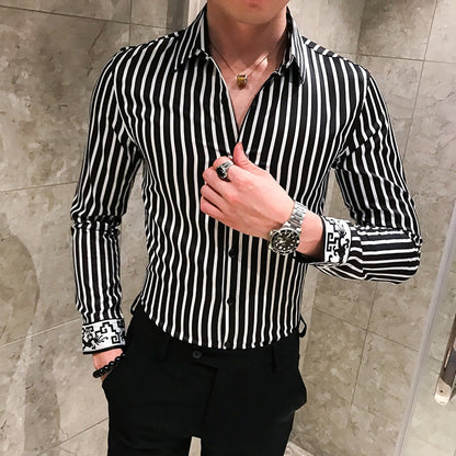 Bonsir  Autumn Long Sleeve Stripe Shirt Men Casual Slim Fit Dress Shirts Streetwear Social Night Club Work Shirt Chemise Homme