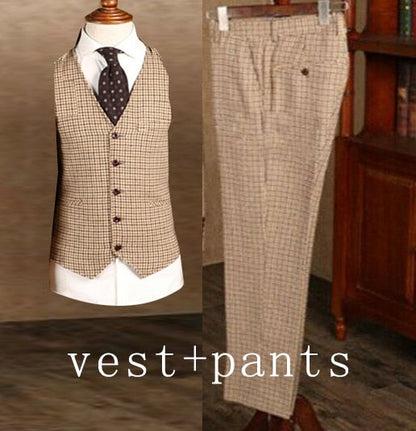 Brown Classic Plaid Tweed Suit for Men Slim fit Groom Wedding Tuxedo Blazer Male Formal Business Jacket Vest Pants 3 Piece
