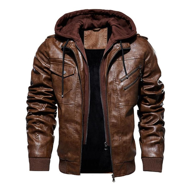 Winter High Quality Men's Leather Jacket Motorcycle Hooded Jacket Male Warm Casual PU leather Coat Fleece Men's Coats Clothing