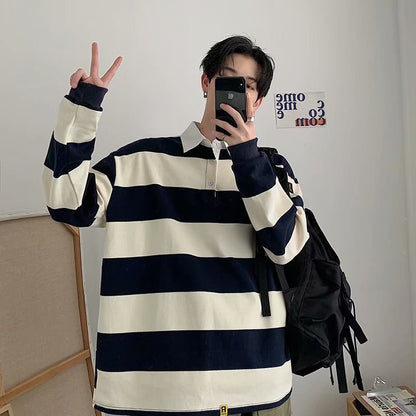 sanyamk Spring Autumn Men Striped Lapel T-shirt Trend Polo Collar Loose Long-sleeved Tshirts Ins All-match Pullover Tees British Gentle