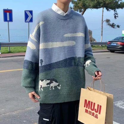 sanyamk Men Cows Vintage Winter Sweaters Pullover Mens O-Neck Korean Fashions Sweater Women Casual Harajuku Clothes