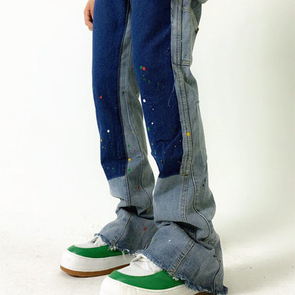 sanyamk High Street Inkjet Patchwork Blue Men Hip Hop Flares Jeans Pants Straight Retro Washed Distressed Denim Trousers Pantalon