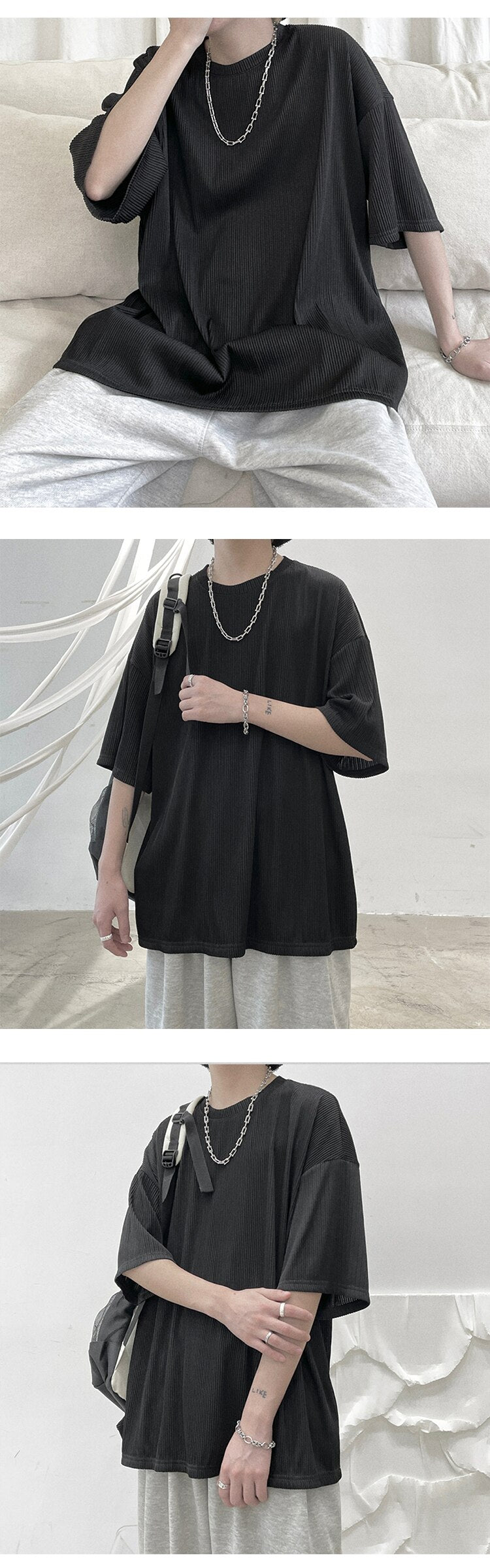 Bonsir Oversized Pleated T-shirt Men's Fashion Casual Loose Ice Silk Tshirt Men Streetwear Korean Summer Short-sleeved T Shirt Mens Top