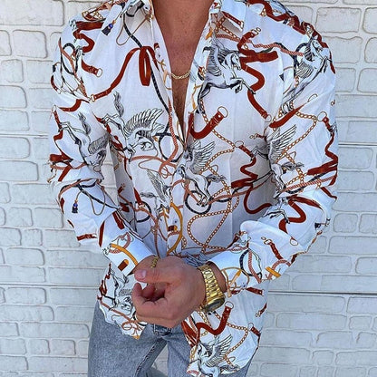 sanyamk trendy mens fashion mens summer outfits dope outfits mens street style mens spring fashion aesthetic outfits menAutumn Long Sleeve Casual Shirt Vintage Pattern Chain Printed Patchwork Men Shirts 2021 Spring Turn-down Collar Button Men's Top