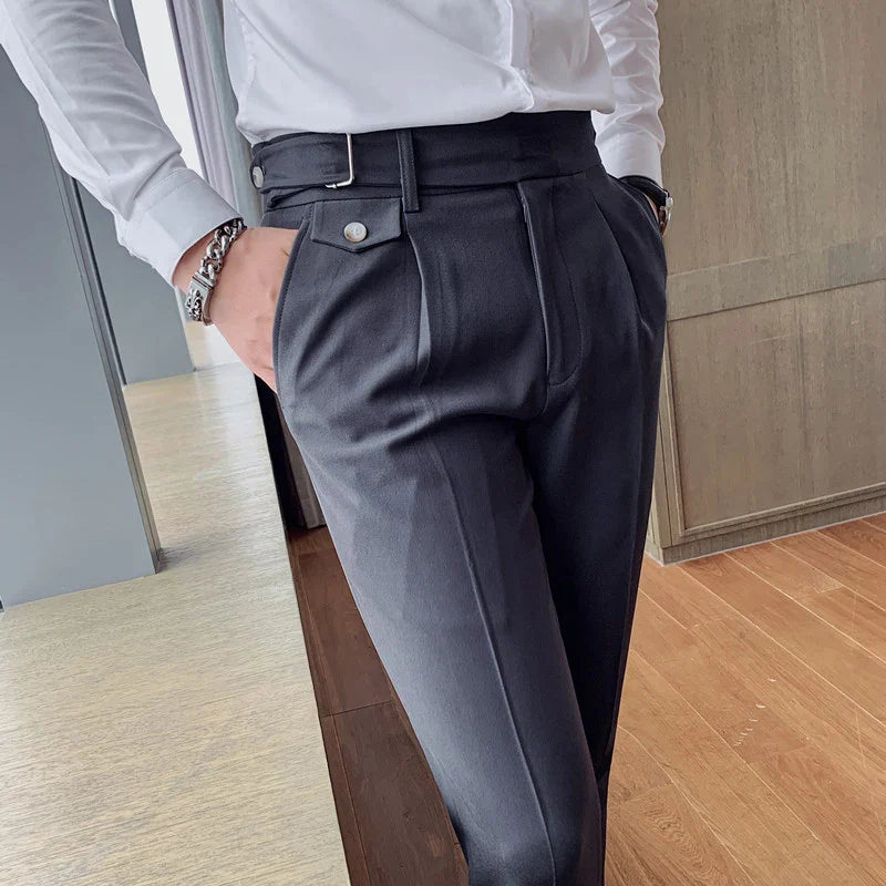 sanyamk New Design Men High Waist Trousers Solid England Business Casual Suit Pants Belt Waistline Straight Slim Fit Bottoms Clothing