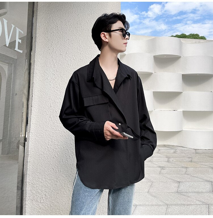 Bonsir Korean Style Men's Solid Color Long Sleeve Ribbon Shirts White/black Irregular Shirts Camisa Masculina Streetwear Clothes