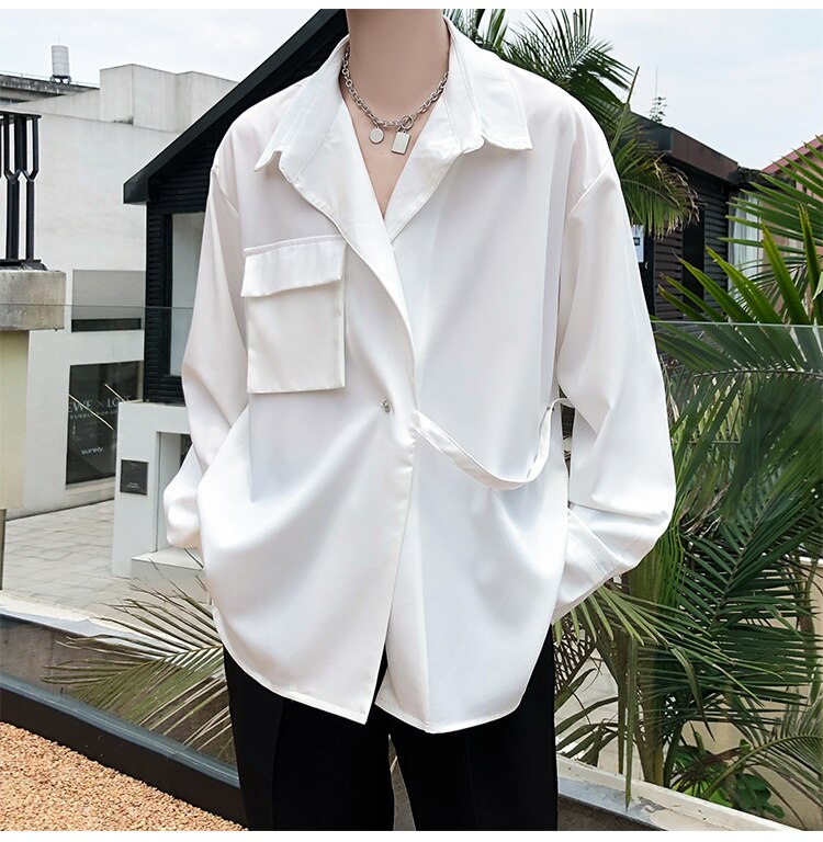 Bonsir Korean Style Men's Solid Color Long Sleeve Ribbon Shirts White/black Irregular Shirts Camisa Masculina Streetwear Clothes