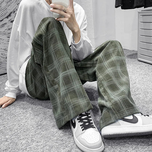 sanyamk Corduroy mens joggers pants men's spring and autumn chic Hong Kong style green plaid pants straight tube loose Vintage pants