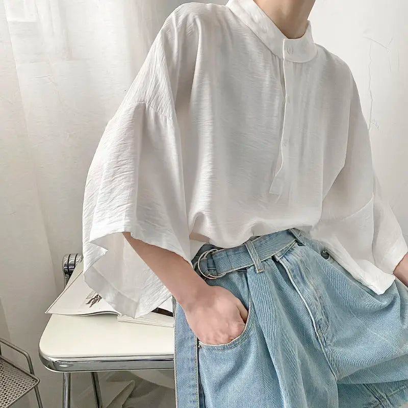 Bonsir Summer Oversize Shirt Men's Fashion Black White Casual Shirt Men Streetwear Korean Loose Short Sleeve Shirts Mens Pullover Shirt