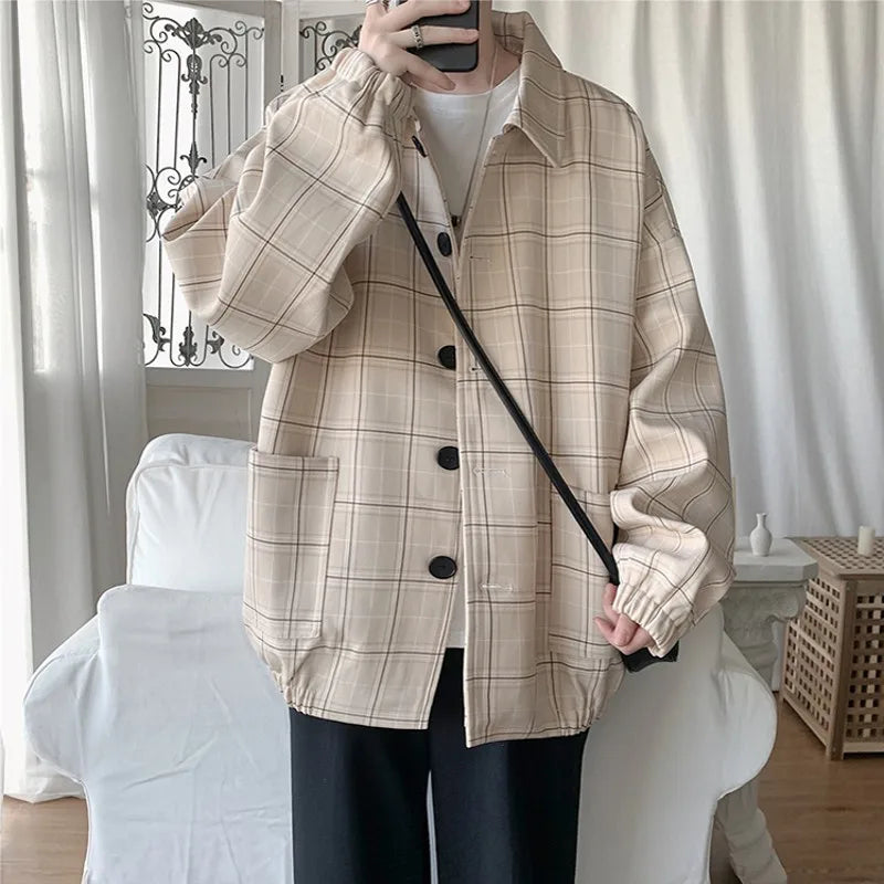 sanyamk New Men's Jacket Oversize Plaid Coat Single Breasted Turn-down Collar Vintage Checkered Windbreaker Clothing Tops Man Khaki