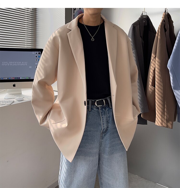 sanyamk Korean-style Blazers Men Leisure Trendy Loose One Button Suit Jackets Male Daily Streetwear All-match Simple Suit-tops 5 Colors