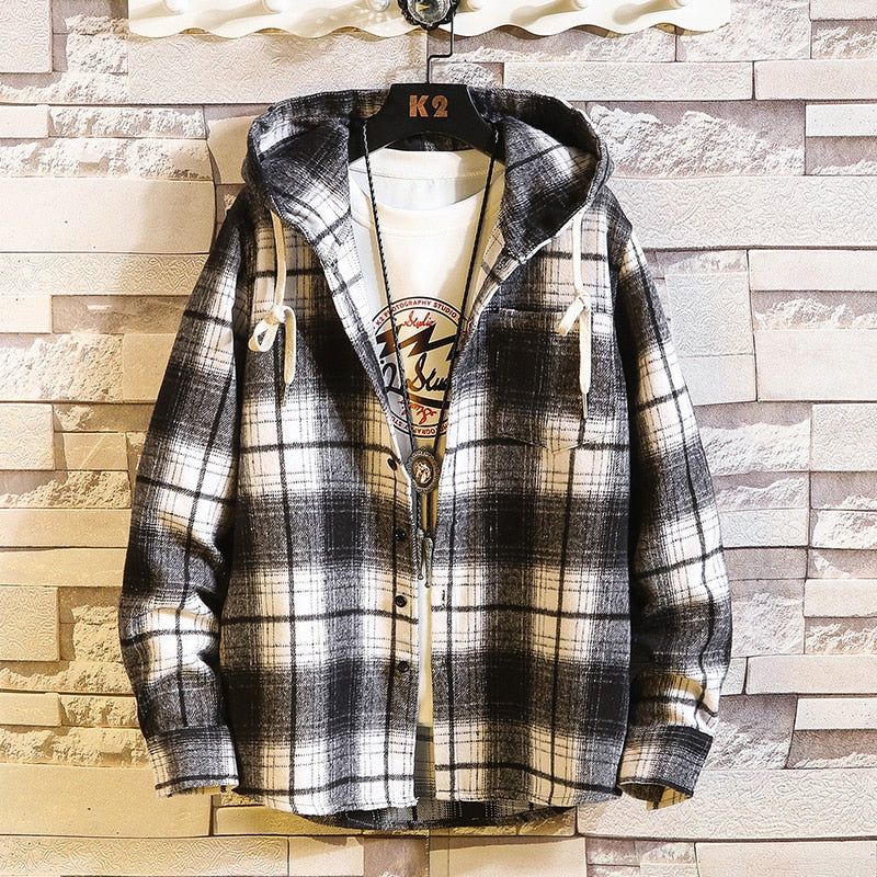 sanyamk Plaid Style Autumn Spring 2023 With Hoodie Men‘s Hip Hop Punk Shirt Flannel Casual Fashion Clothes