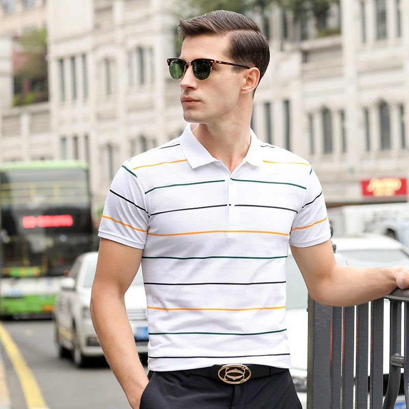 sanyamk Top Grade New Summer Brand Mens Striped Turn Down Collar Polo Shirts With Short Sleeve Casual Tops Fashions Men's Clothing