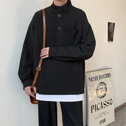 BONSIR  -  Small high neck Pullover Sweater men's autumn new pocket decoration Korean trendy men's loose coat youth top