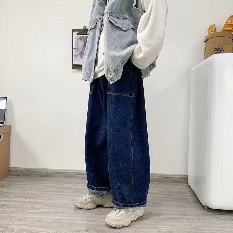 sanyamk New Style Men's Retro Streetwear Trousers Straight Overalls Hip Hop Casual Pants Trendy Loose Wide Leg Pants Blue Color Jeans