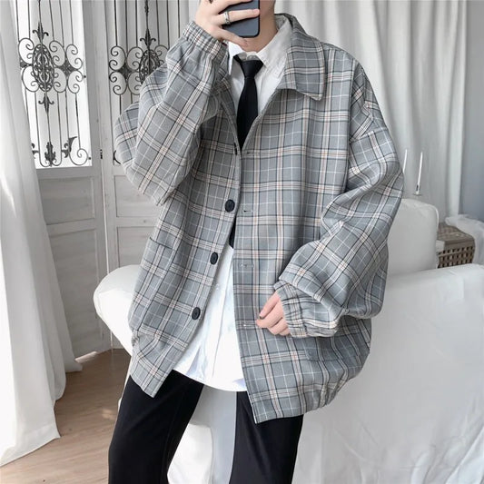 sanyamk New Men's Jacket Oversize Plaid Coat Single Breasted Turn-down Collar Vintage Checkered Windbreaker Clothing Tops Man Khaki