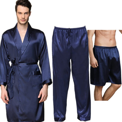 sanyamk 3 PCS Robe Pants Pajama Set 4XL 3XL Men Bathrobe Shorts Suit Silk Sleepwear for Men Kimono Home Soft Cozy Long-sleeved Bath Gown