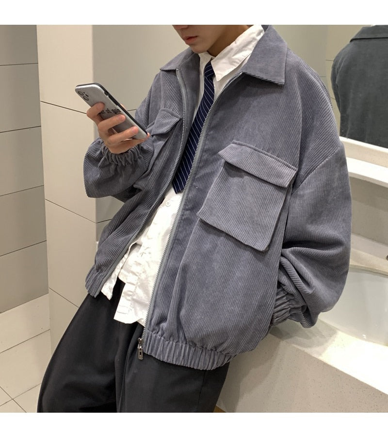 sanyamk Green Gray Beige Corduroy Jacket Men's Fashion Retro Pocket Tooling Jackets Mens Streetwear Loose Hip-hop Bomber Jacket Men