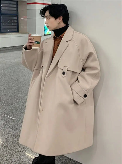 sanyamk Men's Loose Medium And Long Woolen Coat Autumn And Winter New Korean Fashion Trend Thin Windbreaker Casual Coat