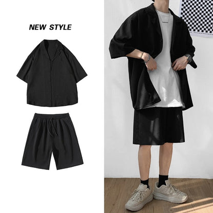 sanyamk Korean Style Men&#39;s Set Suit Jacket and Shorts Solid Thin Short Sleeve Top Matching Bottoms Summer Fashion Oversized Clothing Man