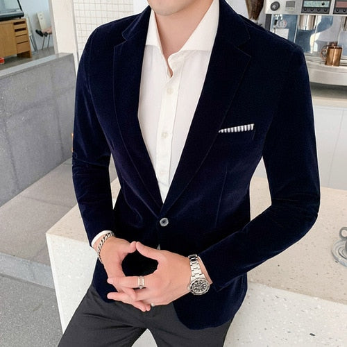 sanyamk Fall Winter Gold Velvet Blazer High Quality Slim Fit Suit Jacket Fashion Casual Men Groom Singer Costume Formal Evening Dress