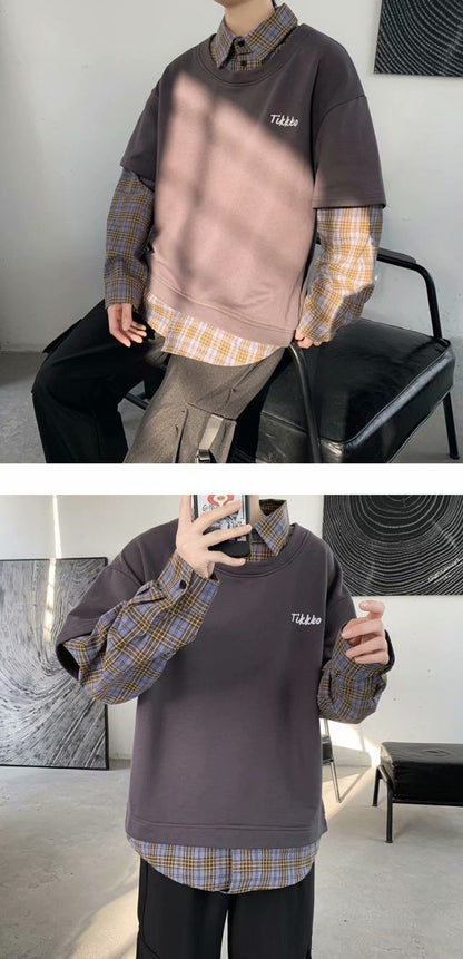 Bonsir Ins Fake Two-piece Tshirts Men's Spring Autumn Loose Plaid Shirt Lapel Long Sleeved T-shirt Student Unisex Casual Top Clothes