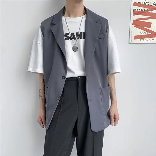 BONSIR  -  Korean fashion versatile men's loose suit collar vest hairdresser clothing BF style youth casual coat trend