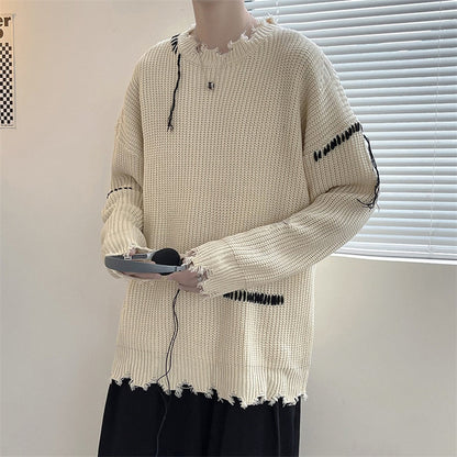 Bonsir Spring Autumn Ins High Street Ripped Sweater Men's Hole Loose Lazy Knitted Pullover Harajuku Version Trend Student Streetwear