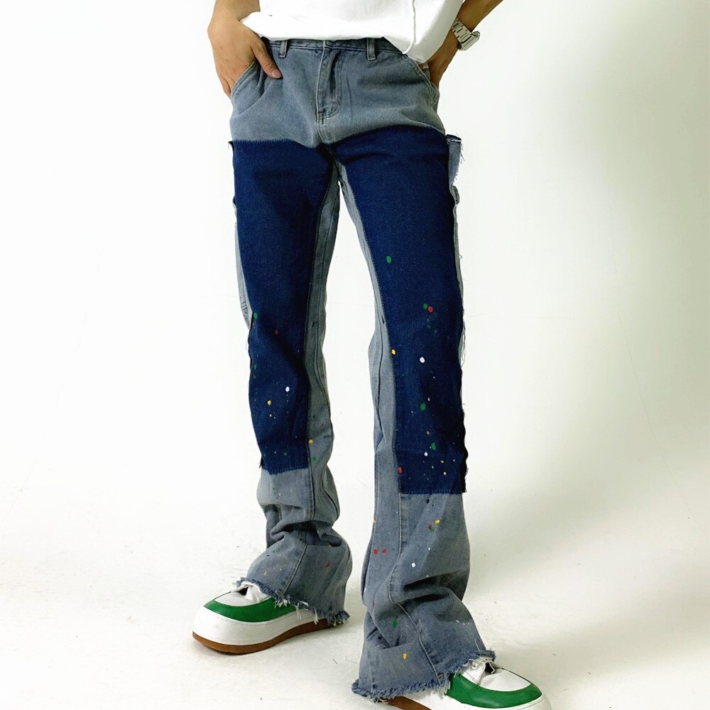 sanyamk High Street Inkjet Patchwork Blue Men Hip Hop Flares Jeans Pants Straight Retro Washed Distressed Denim Trousers Pantalon
