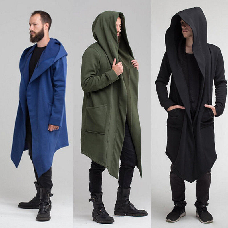 Hirigin New Men Winter Casual Hoodie Coat Solid Color Cardigan Cloak Coat Open Front Warm Long Outwear Autumn Winter