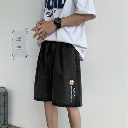 sanyamk  summer denim shorts men's trendy straight baggy pants casual versatile handsome five point pants streetwear gym