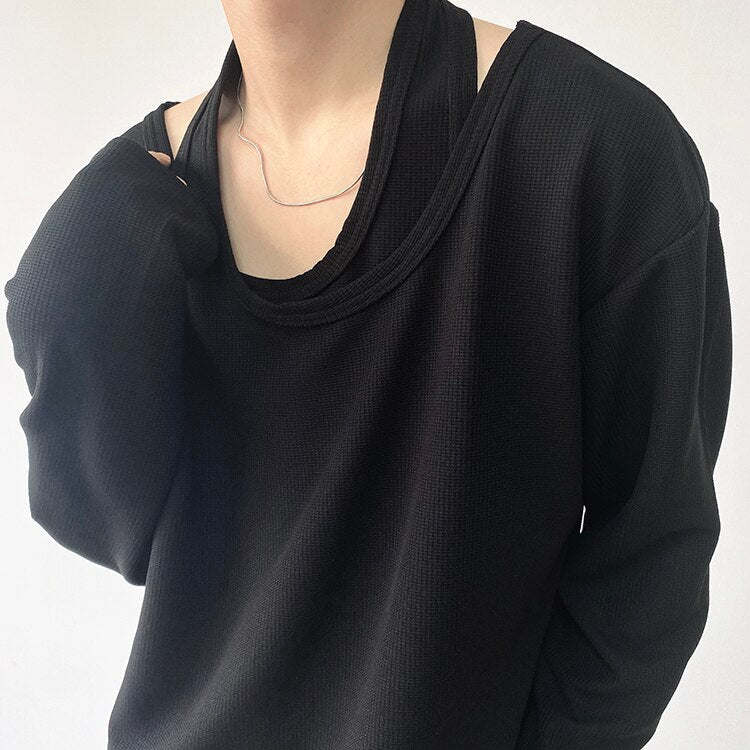 Bonsir Tshirt for Men Double Collar Long Sleeve Loose T-shirt Male Korean Streetwear Niche Tees Shirts Couple Tops Women T-shirts