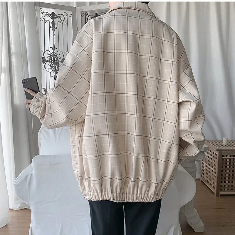 sanyamk New Men's Jacket Oversize Plaid Coat Single Breasted Turn-down Collar Vintage Checkered Windbreaker Clothing Tops Man Khaki