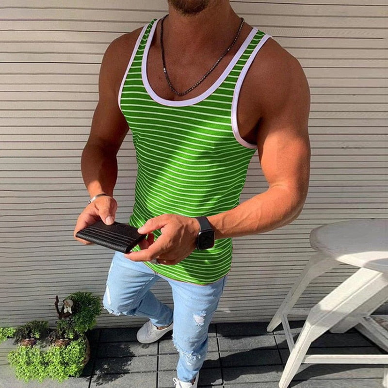 sanyamk Men Vests Summer Sleeveless Shirts Gym Clothing Men Stripped Sports Casual Fitness Tanks Slim Fit Mens Bodybuilding Tank Tops