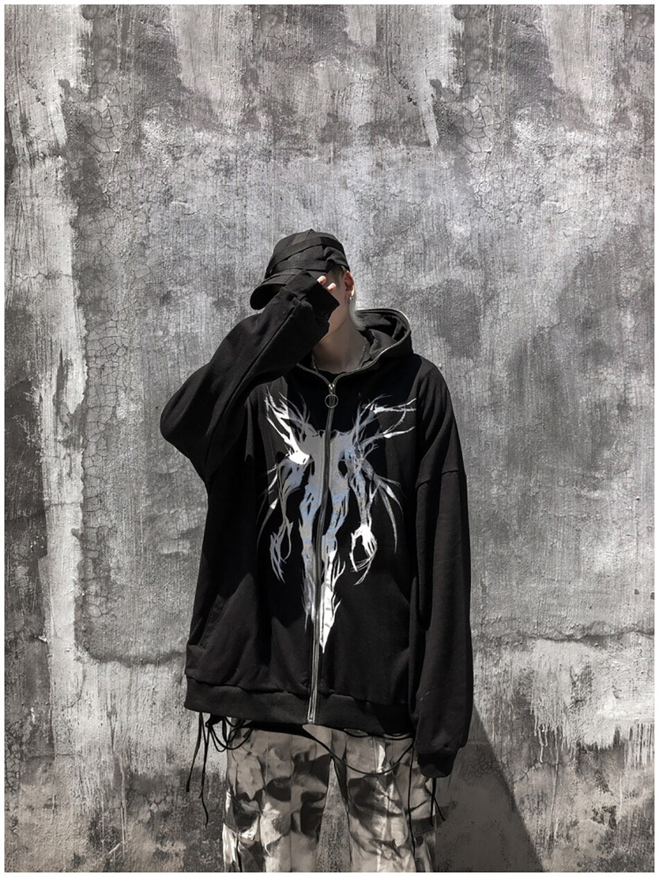 Bonsir Demon Slayer Fashion Men Evil Print Hoodies Black Zip Up Cardigan Hooded Sweatshirt Mens Streetwear Loose Plus Size Hoodie Oodie