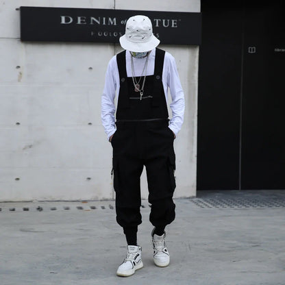 sanyamk  -  Autumn men's work clothes suspenders hair stylist dark functional casual pants teenagers loose Hip Hop Pants