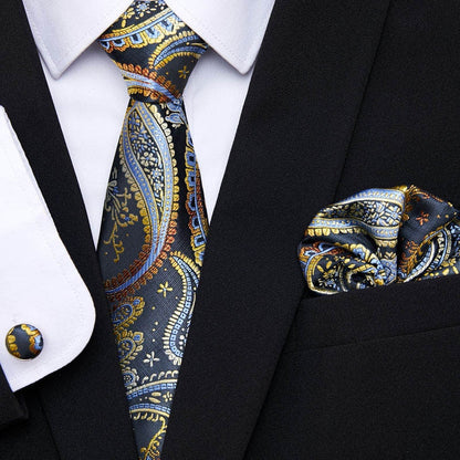 sanyamk Newest design Silk Festive Present Tie Handkerchief Cufflink Set Necktie Man's Plaid Yellow Shirt Accessories