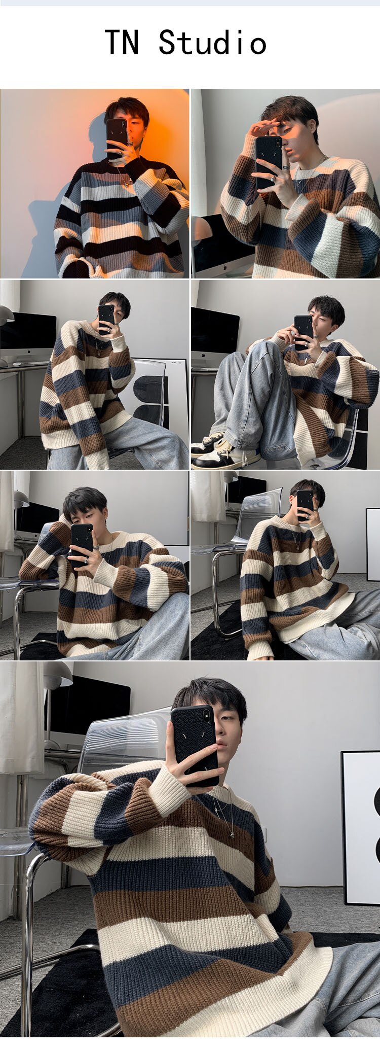 Bonsir Autumn Winter New Hong Kong Contrast Color Striped Round Neck Sweater Men's Loose Couple Bottoming Knit Sweater Soft Pullovers