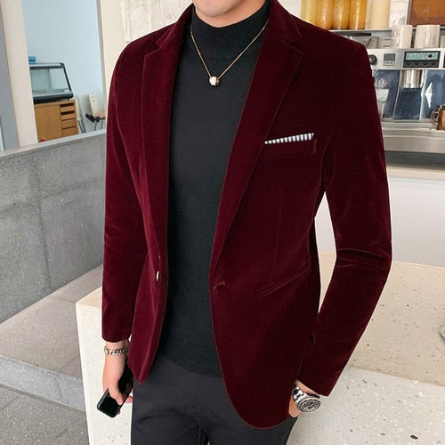 sanyamk Fall Winter Gold Velvet Blazer High Quality Slim Fit Suit Jacket Fashion Casual Men Groom Singer Costume Formal Evening Dress