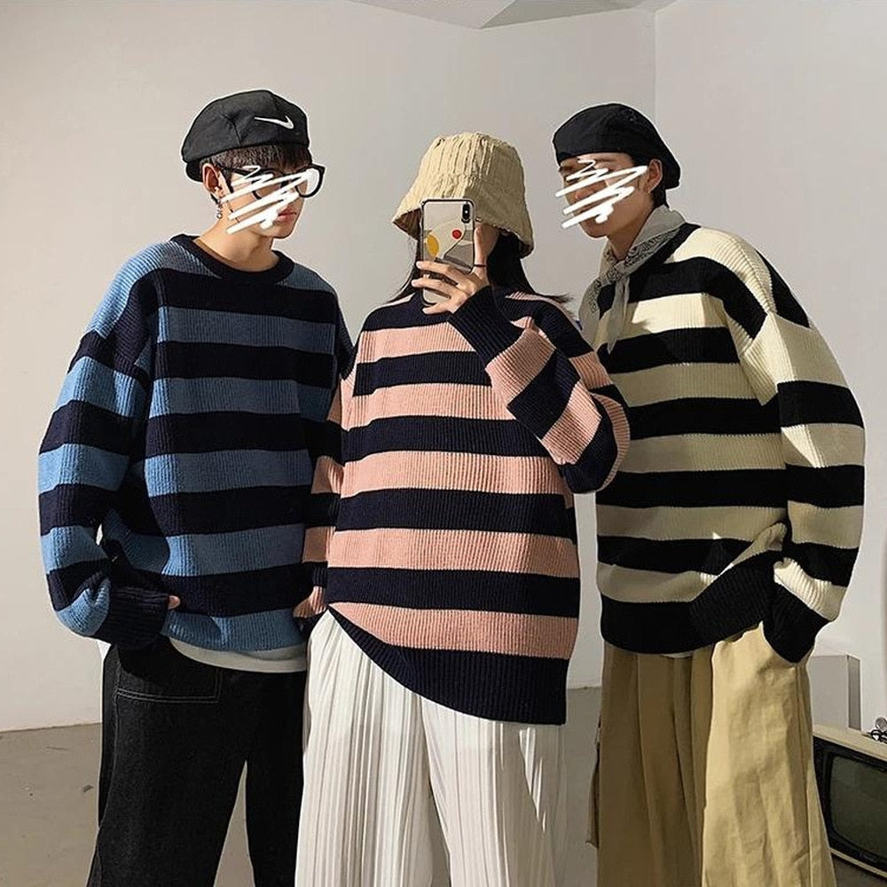 Bonsir Autumn Winter Sweater Men's O-neck Korean Casual Sweater Loose Knit Pullovers Trend Horizontal Stripe Lazy Thick Bottoming Shirt