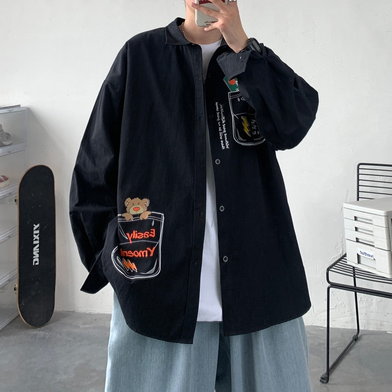 Bonsir Beautiful dirty shop homemade cartoon graffiti work clothes long sleeved shirt men's autumn fashion loose casual shirt body