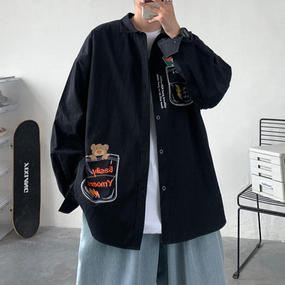 Bonsir Beautiful dirty shop homemade cartoon graffiti work clothes long sleeved shirt men's autumn fashion loose casual shirt body