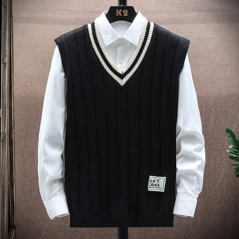 sanyamk 151 Autumn Winter Men Knitted Sweater Waistcoat Fashion Campus Casual Color Contrast Sleeveless Stripe V-Neck Patchwork Vest