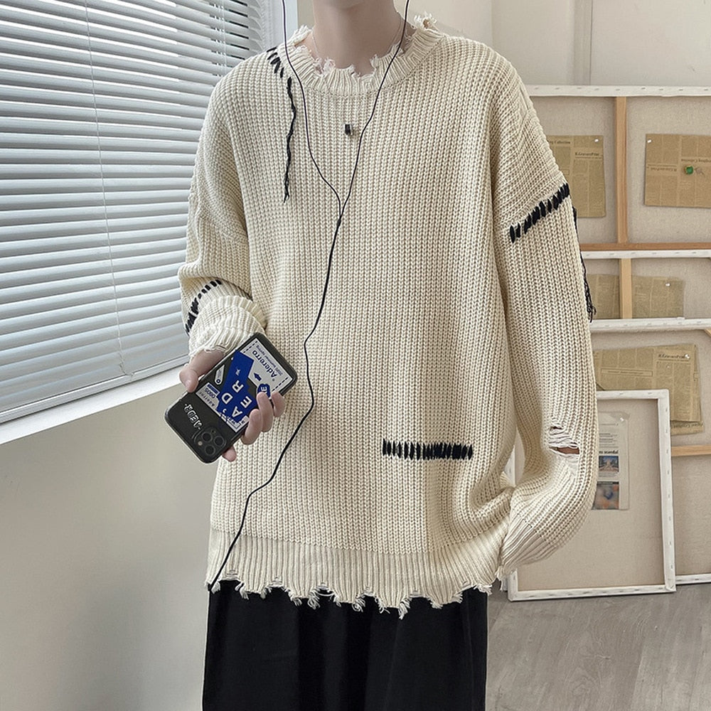 Bonsir Spring Autumn Ins High Street Ripped Sweater Men's Hole Loose Lazy Knitted Pullover Harajuku Version Trend Student Streetwear