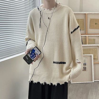 Bonsir Spring Autumn Ins High Street Ripped Sweater Men's Hole Loose Lazy Knitted Pullover Harajuku Version Trend Student Streetwear